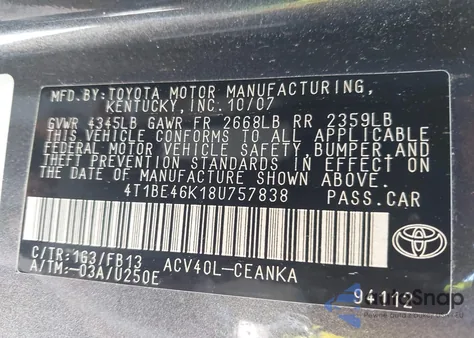 2008 Toyota Camry Le from USA, damaged, VIN 4T1BE46K18U757838